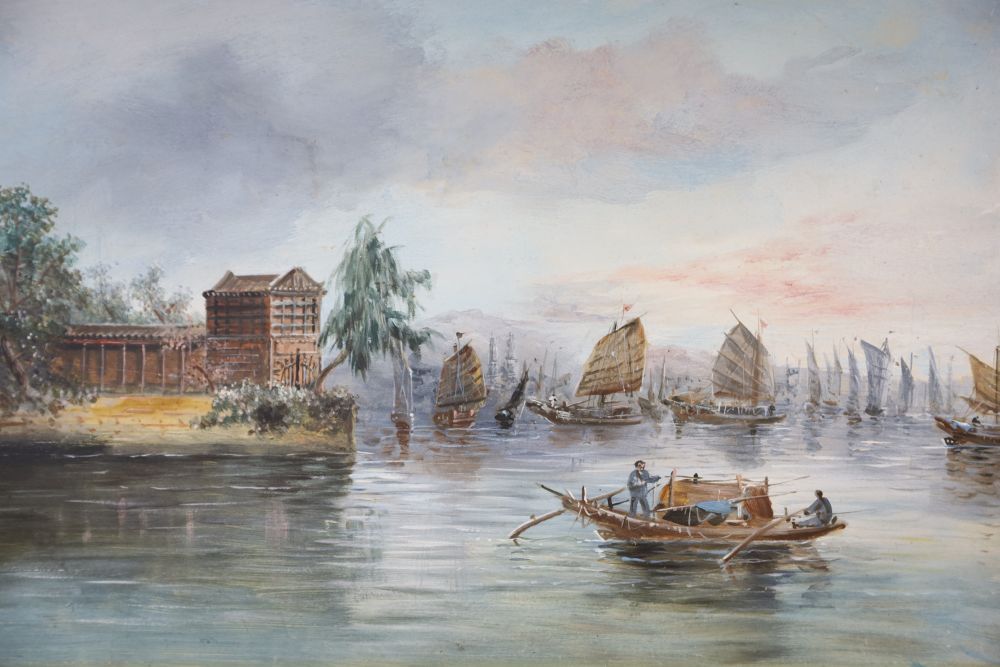 Chinese School c.1900, pair of oils on card, Coastal landscapes, 32 x 51cm, unframed